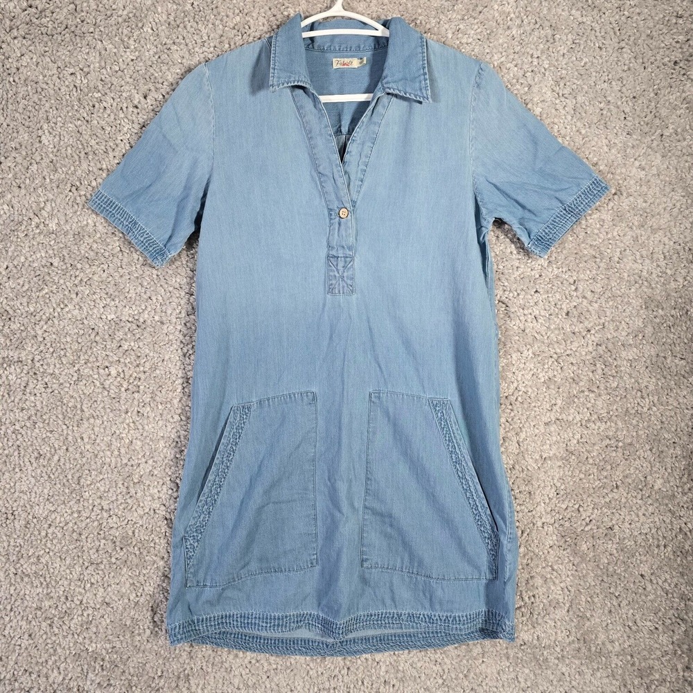 Faherty Indigo Cotton Chambray Shift Dress Womens XS Blue Pocket Coastal Boho